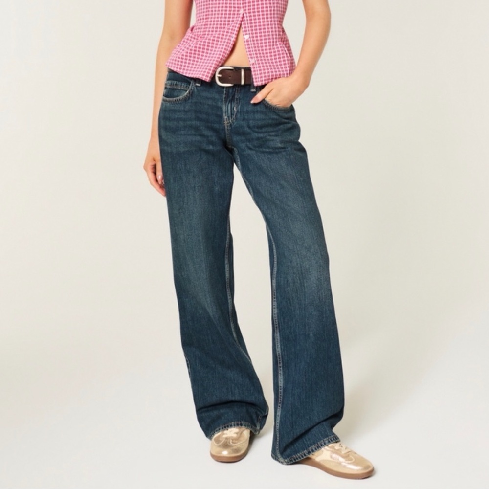 Long Hollister Low Rise Baggy Jeans Dark Blue Oversized Boyfriend Jeans Y2K W33